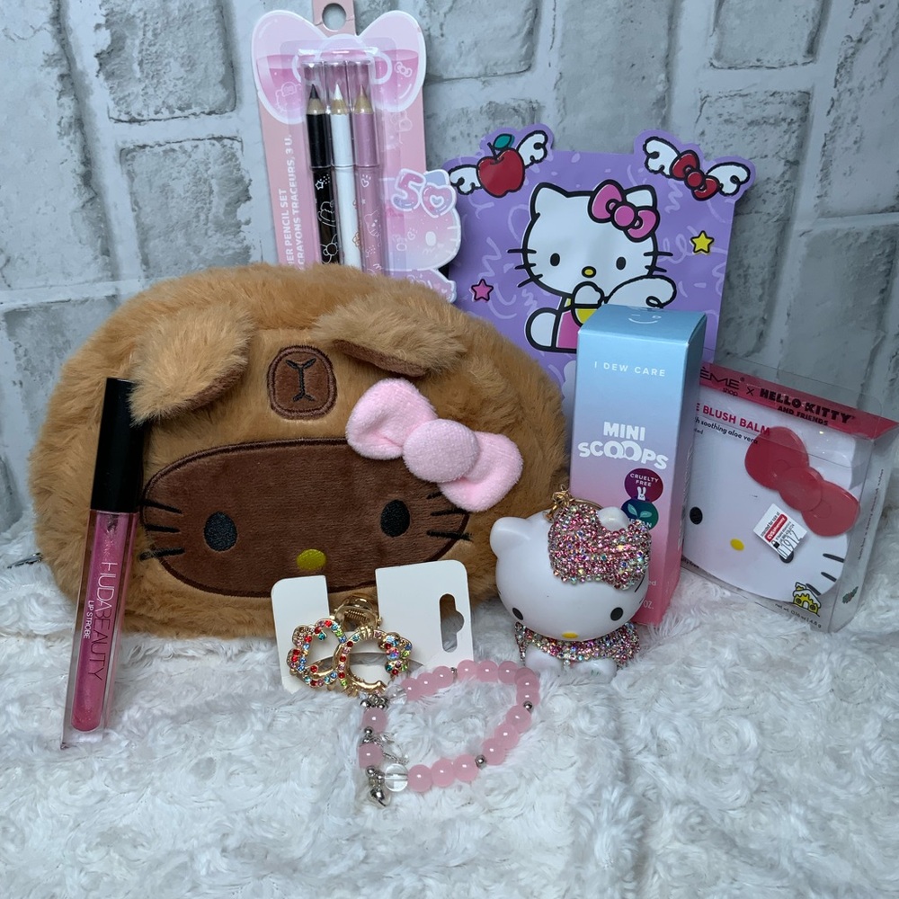 Hello Kitty Bundle Brown Plush Cosmetic Pouch with Pink Accents & Accessories